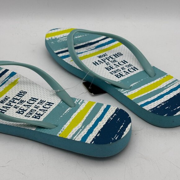 Womens Flip Flops Size 7 New Teal Striped Beach Pool Sandals Summer Casual Shoes - Picture 3 of 4